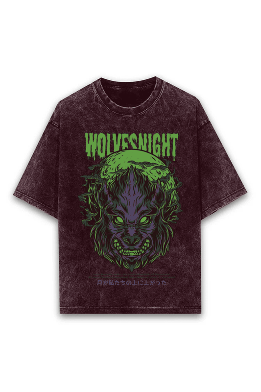 Oversized Acid Wash Tee - Wolves Night