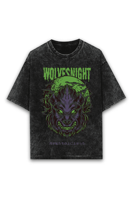 Oversized Acid Wash Tee - Wolves Night