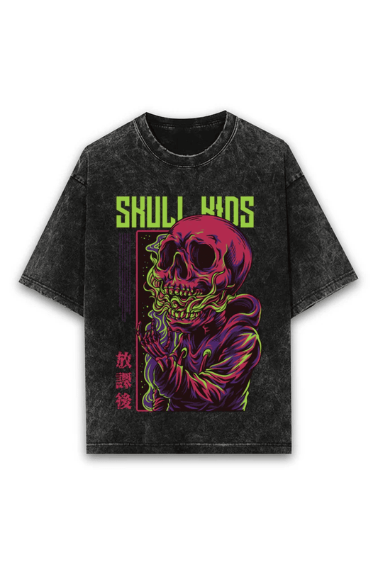 Oversized Acid Wash Skull Tee for Kids