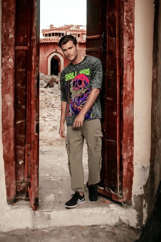 Oversized Acid Wash Skull Tee for Kids